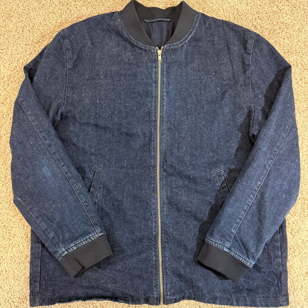 Vintage 90s Denim Bomber Jacket Mens Large Blue Good Condition Zip Dark Wash